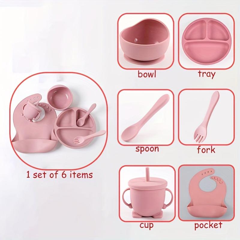 6pcs Silicone Dining Set for Ages 3-6, Beige/Deep Pink/Cyan