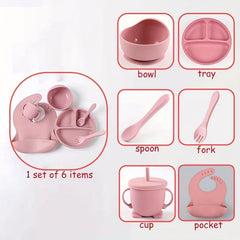 6pcs Silicone Dining Set for Ages 3-6, Beige/Deep Pink/Cyan