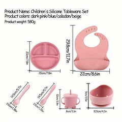 6pcs Silicone Dining Set for Ages 3-6, Beige/Deep Pink/Cyan