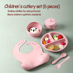 6pcs Silicone Dining Set for Ages 3-6, Beige/Deep Pink/Cyan