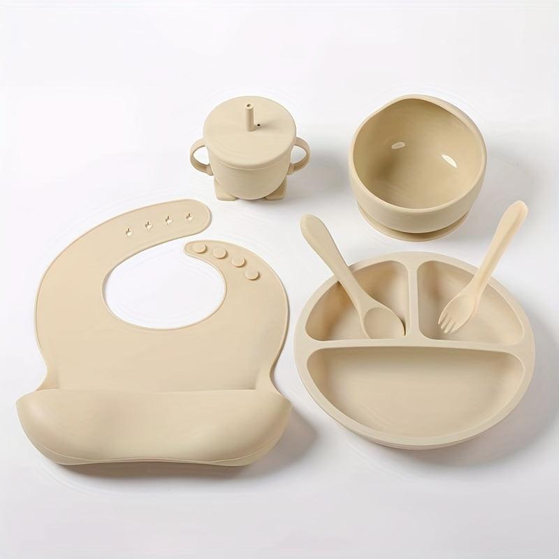 6pcs Silicone Dining Set for Ages 3-6, Beige/Deep Pink/Cyan