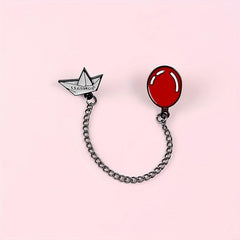 Paper Boat Red Balloon Long Chain Brooch Enamel Lapel Pin For Men