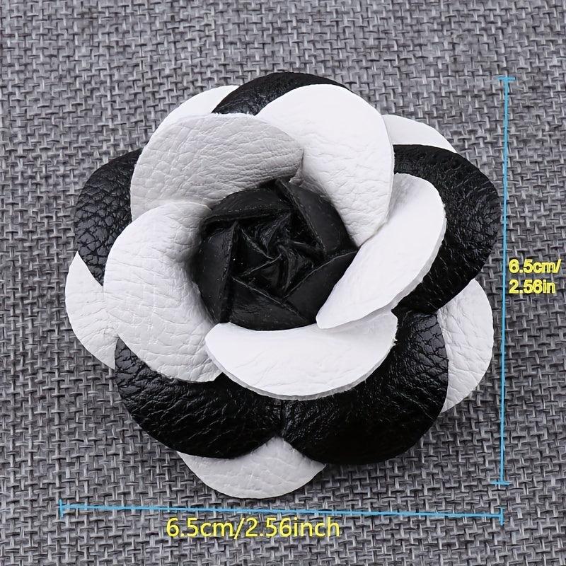 Unisex PU Leather Camellia Flower Boutonniere Stick Brooch Pin