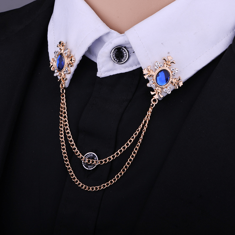 Men's Corsage Cross Collar Chain Rhinestone Brooch Pin