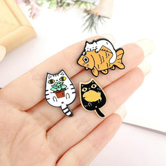 Casual Cat Eating Fish Enamel Pins for Backpacks Anime Cartoon Pins