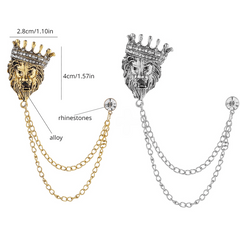 Vintage Crown Lion Head Brooch Shirt Collar Tassel Chain Lapel Pins