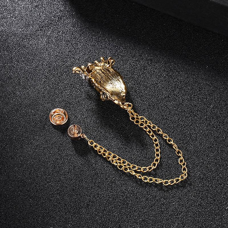 Vintage Crown Lion Head Brooch Shirt Collar Tassel Chain Lapel Pins