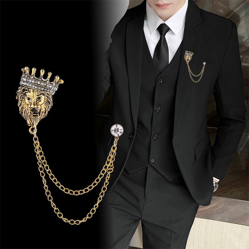 Vintage Crown Lion Head Brooch Shirt Collar Tassel Chain Lapel Pins
