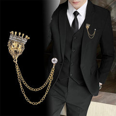 Vintage Crown Lion Head Brooch Shirt Collar Tassel Chain Lapel Pins