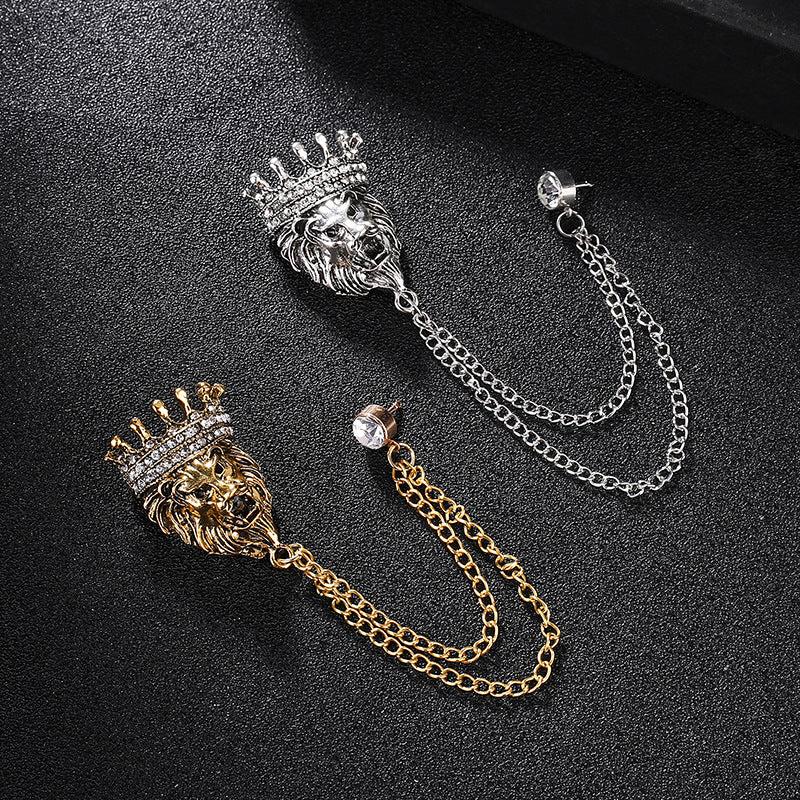 Vintage Crown Lion Head Brooch Shirt Collar Tassel Chain Lapel Pins