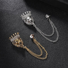 Vintage Crown Lion Head Brooch Shirt Collar Tassel Chain Lapel Pins