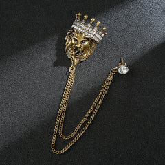 Vintage Crown Lion Head Brooch Shirt Collar Tassel Chain Lapel Pins
