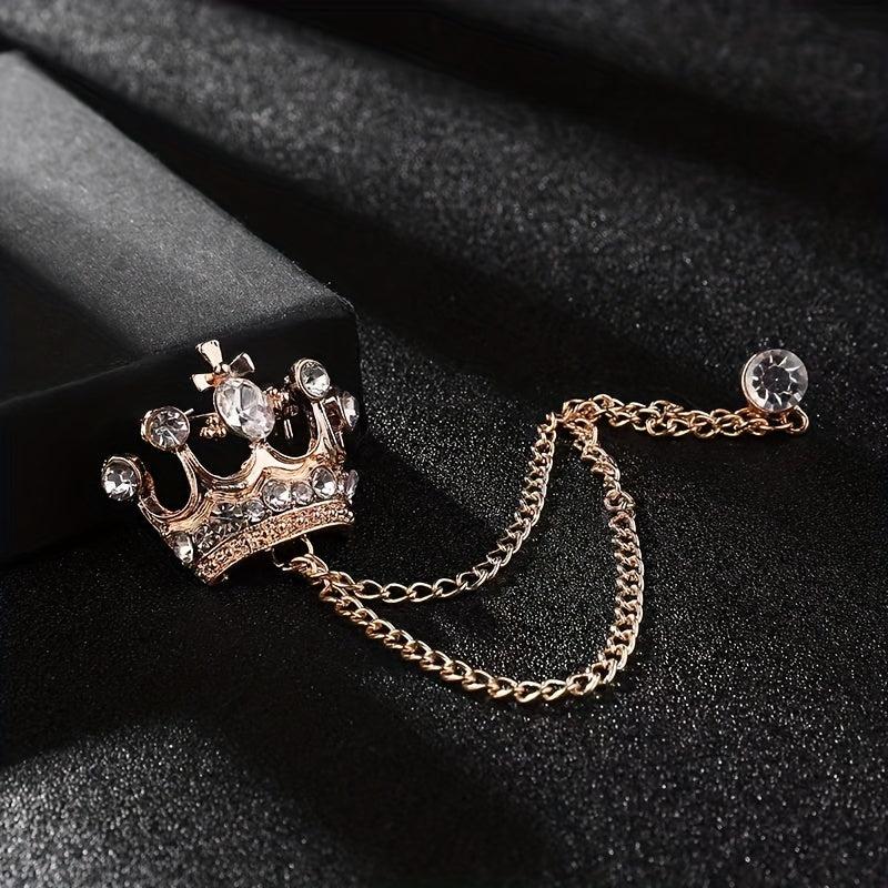 Rhinestone Crown Brooch Chain Tassel Suit Jewelry Collar Pin