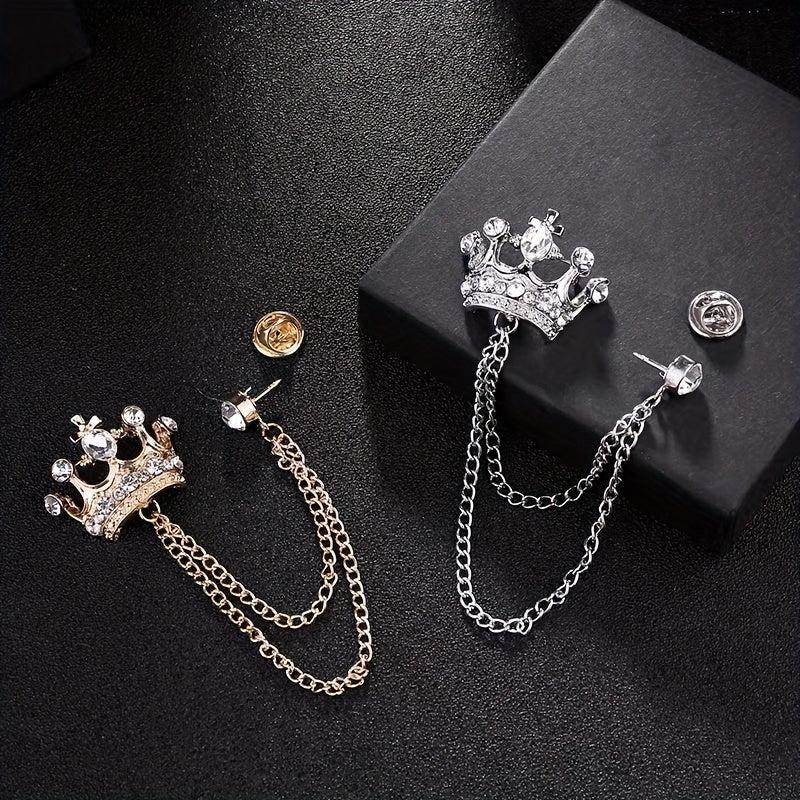Rhinestone Crown Brooch Chain Tassel Suit Jewelry Collar Pin