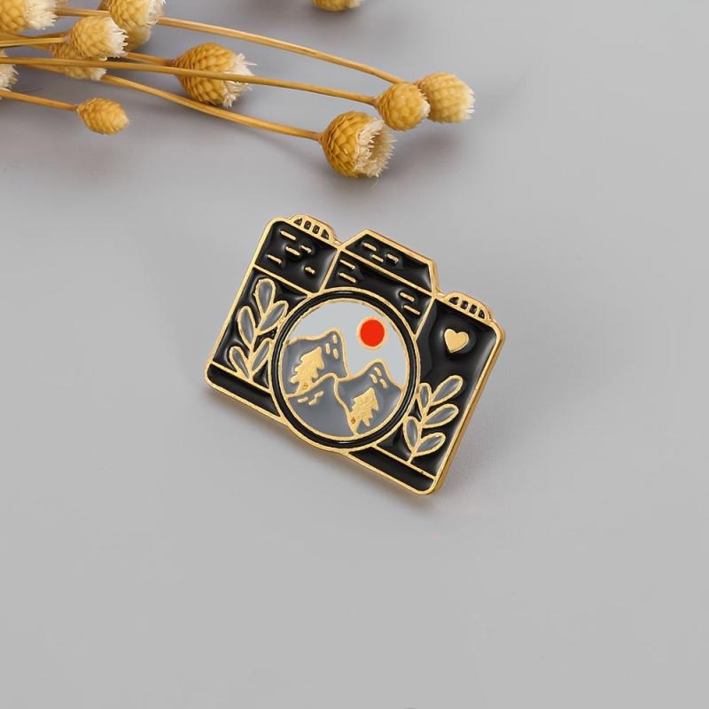 European American Camera Landscape Brooch Mountain Range Leaf Brooch