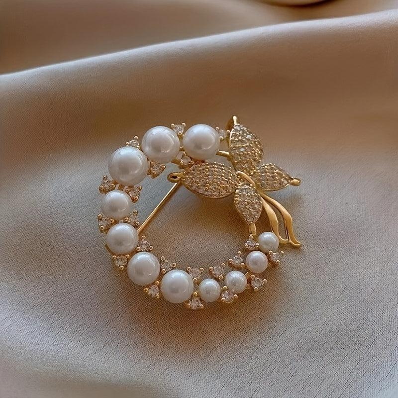 Rhinestones Faux Pearl Butterfly Brooch for Men