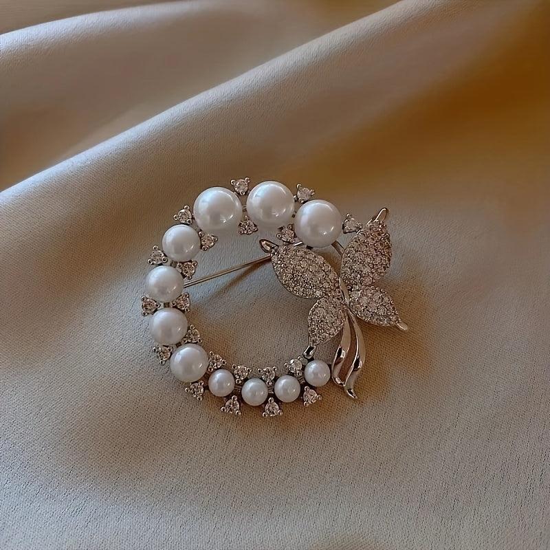 Rhinestones Faux Pearl Butterfly Brooch for Men