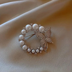 Rhinestones Faux Pearl Butterfly Brooch for Men