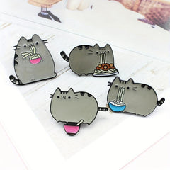 Cartoon Cat Animal Brooch Eating Noodles Cat Pins Lapel