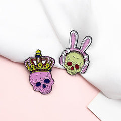 Pink Skull Rabbit Brooch with King Crown
