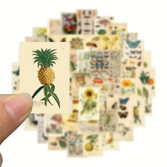 50 Pcs Vintage Plant Deco Stickers Flowers Fruits Butterflies Waterproof