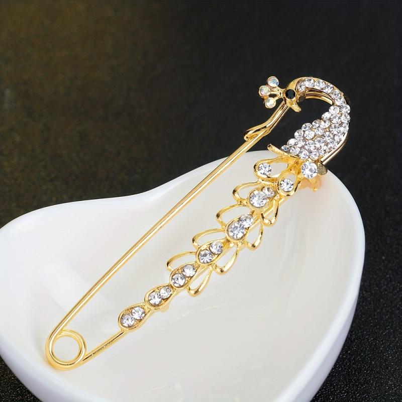 Men's Diamond Peacock Pin Brooch Golden Alloy Peacock