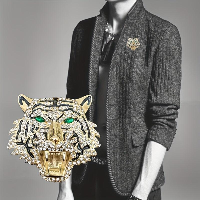 Men's Tiger Head Rhinestone Brooch