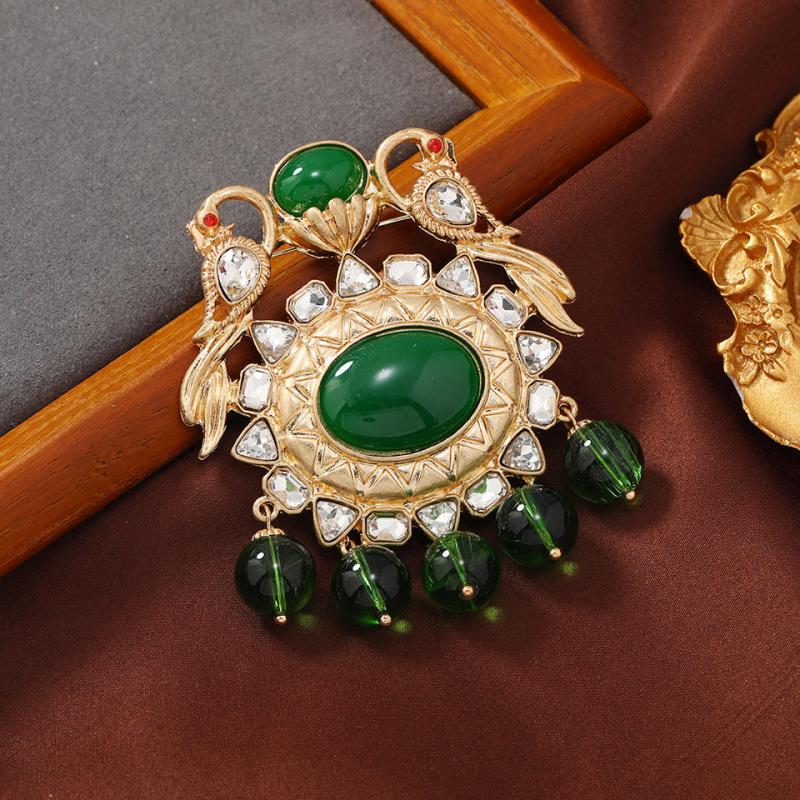 Vintage Medieval Emerald Owl Brooch Green Crystal Fringed Lion Pin