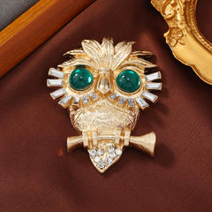 Vintage Medieval Emerald Owl Brooch Green Crystal Fringed Lion Pin
