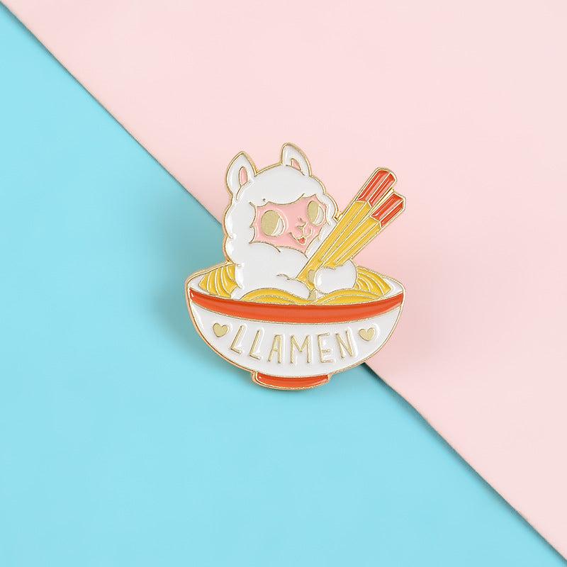 Cute Lamb Eating Ramen Brooch Pin