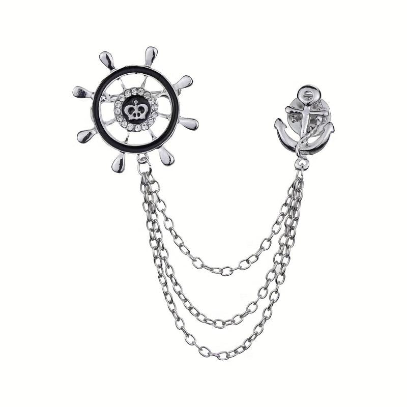 Men's Crystal Rhinestone Brooch Collar Pin Rudder Anchor Shirt Buckle