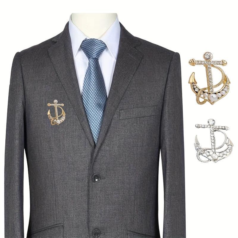 Crystal Golden Silver Anchor Brooch Men's Suit Performance Dress Collar Pin