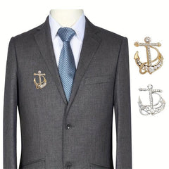 Crystal Golden Silver Anchor Brooch Men's Suit Performance Dress Collar Pin