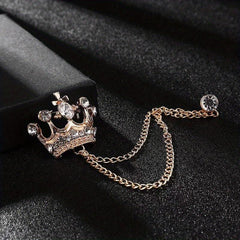Men's Wedding Crystal Crown Brooch Tassel Chain Lapel Pin Suit Accessory