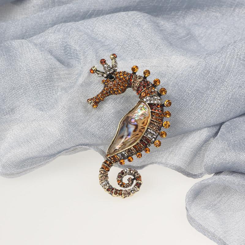 Vintage Shell Rhinestone Seahorse Enamel Pins Badges Classic Sea Animal