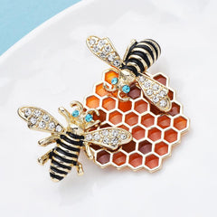 Enamel Honeycomb Bees Brooch Rhinestone Insects Corsage Pin
