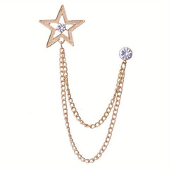 Star Tassel Chain Collar Pins Pentagram Brooch Men's Rhinestone