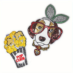 2pcs Big Dog Pop Corn Iron On Sequin Patches Sew On Embroidered Applique
