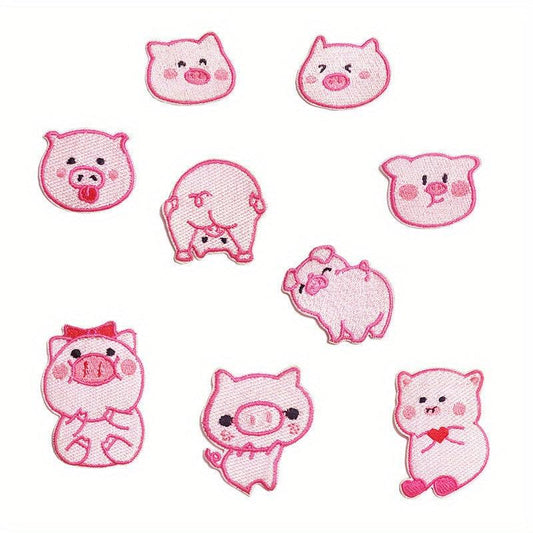 9pcs Pink Piglet Iron On Patches For Girls Sew On Embroidered Applique