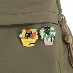 Cat Plant Enamel Pin Green Brooch Flower Jewelry Metal Lapel Pin
