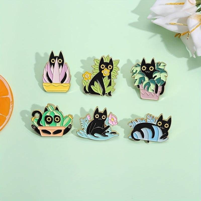 Cat Plant Enamel Pin Green Brooch Flower Jewelry Metal Lapel Pin