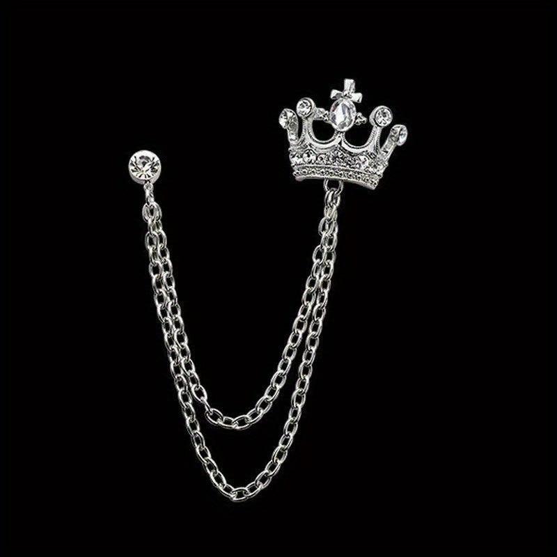 Men's Rhinestone Crown Tassel Chain Brooch Pin