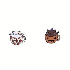 2pcs Cat & Coffee Cup Brooch Collar Pin Backpack Accessory