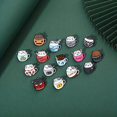 2pcs Cat & Coffee Cup Brooch Collar Pin Backpack Accessory