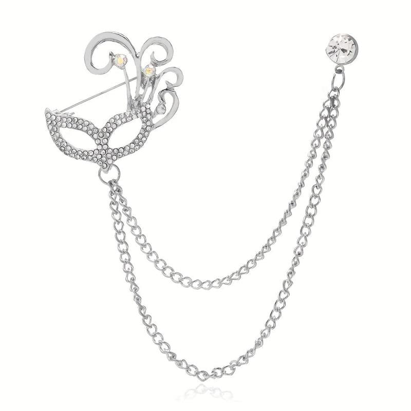 Fox Mask Brooch Crystal Tassel Chain Lapel Pins Suit Accessories