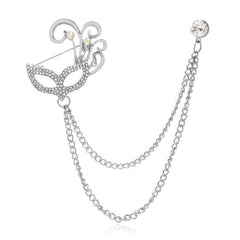 Fox Mask Brooch Crystal Tassel Chain Lapel Pins Suit Accessories