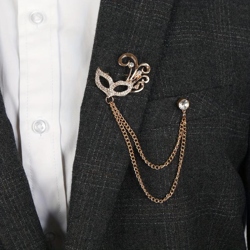 Fox Mask Brooch Crystal Tassel Chain Lapel Pins Suit Accessories