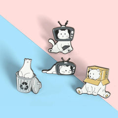 Cat Bear Head TV Box Enamel Pins Funny Animals Brooch