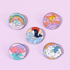 Round Geometric Dolphin Enamel Brooch Rainbow Beach Wave Pin