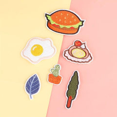 6pcs Hamburger Leaf Egg Cake Embroidery Patches Fabric Art Decor DIY Clothes Acc
